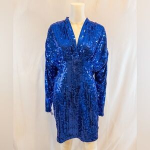 80’s Vintage NITE LINE Sapphire Blue Sequin Deep V Long Sleeve Dress Size 8